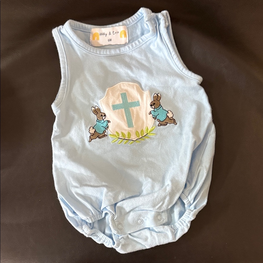 Light Blue Bubble Onesie with Bunny and Cross/Easter Design - 6M